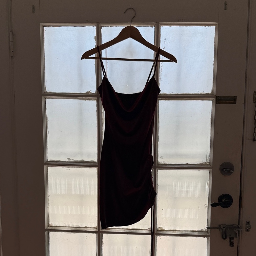 Sleek Burgundy Satin Slip Mini Dress with Cowl Neck